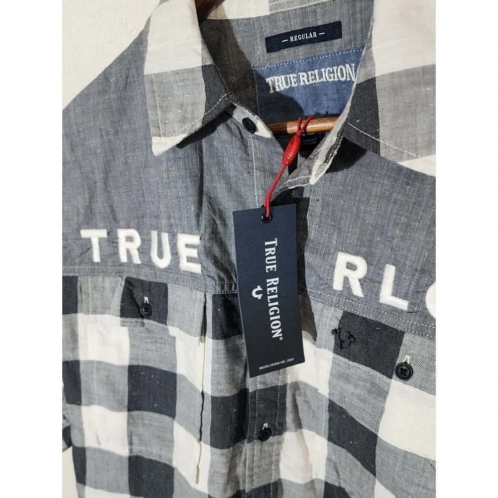 True Religion Men Shirts Plaid Black Grey Checker Gray small new w tag. bin 32
